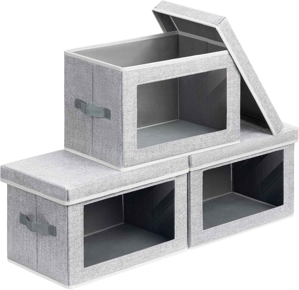 Storage Bins with Lids - Fabric Closet Storage Bins with Window, Collapsible Baskets for Shelves 4 Pack, Home Decorative Boxes for Clothes, Closet, Office, Grey