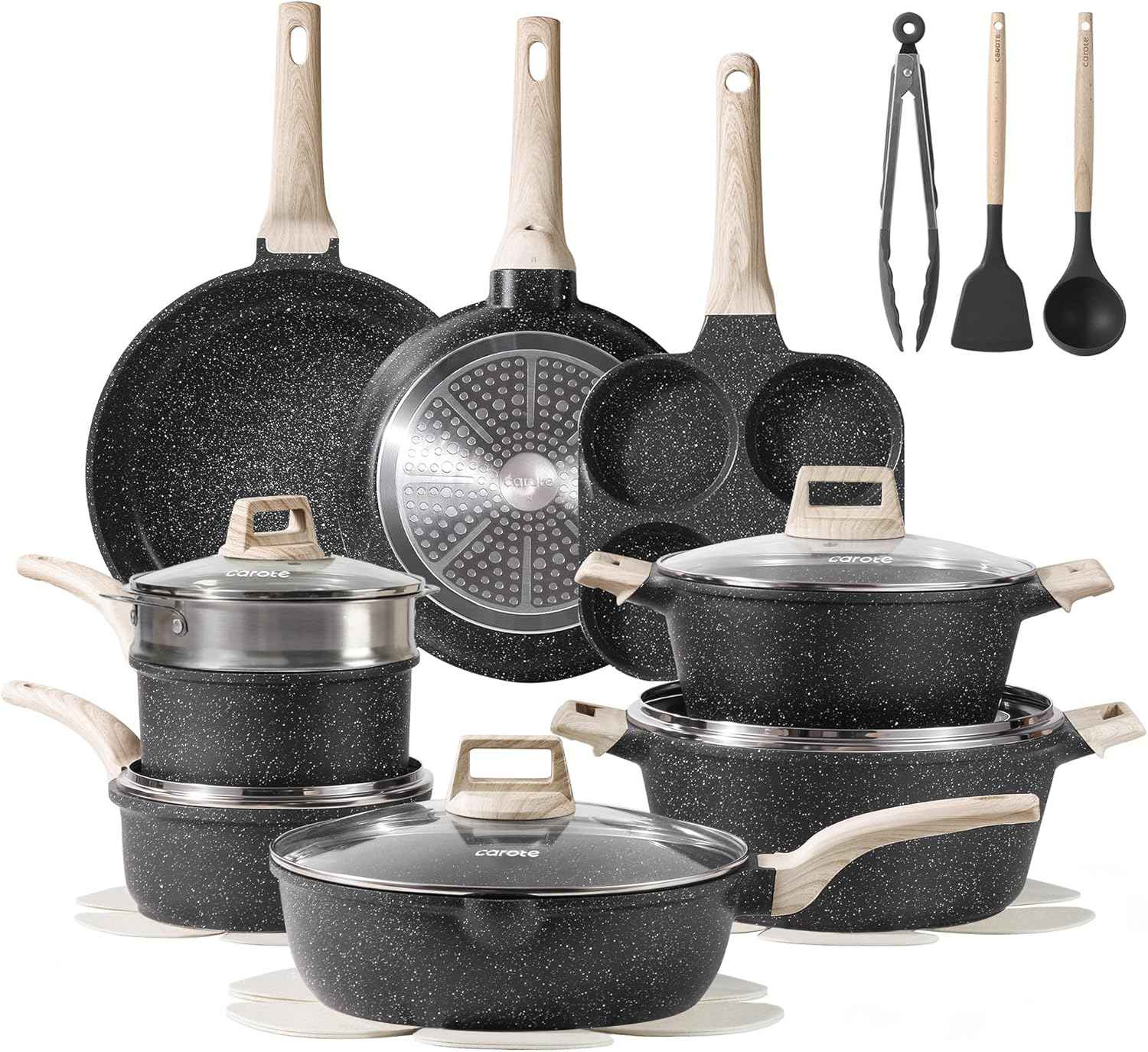 CAROTE 21Pcs Pots and Pans Set, Nonstick Cookware Sets, White Granite Induction Cookware Non Stick Cooking Set w/Frying Pans & Saucepans(PFOS, PFOA Free)