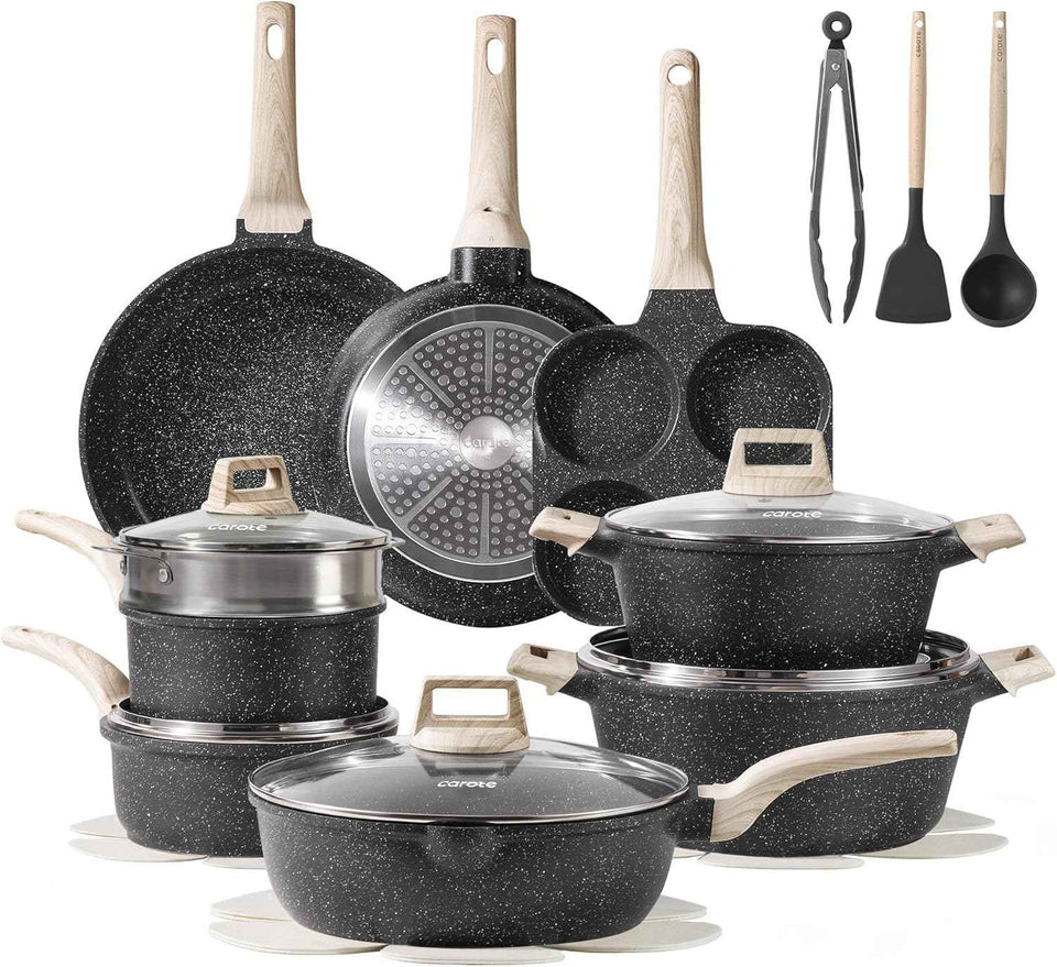 CAROTE 21Pcs Pots and Pans Set, Nonstick Cookware Sets, White Granite Induction Cookware Non Stick Cooking Set w/Frying Pans & Saucepans(PFOS, PFOA Free)