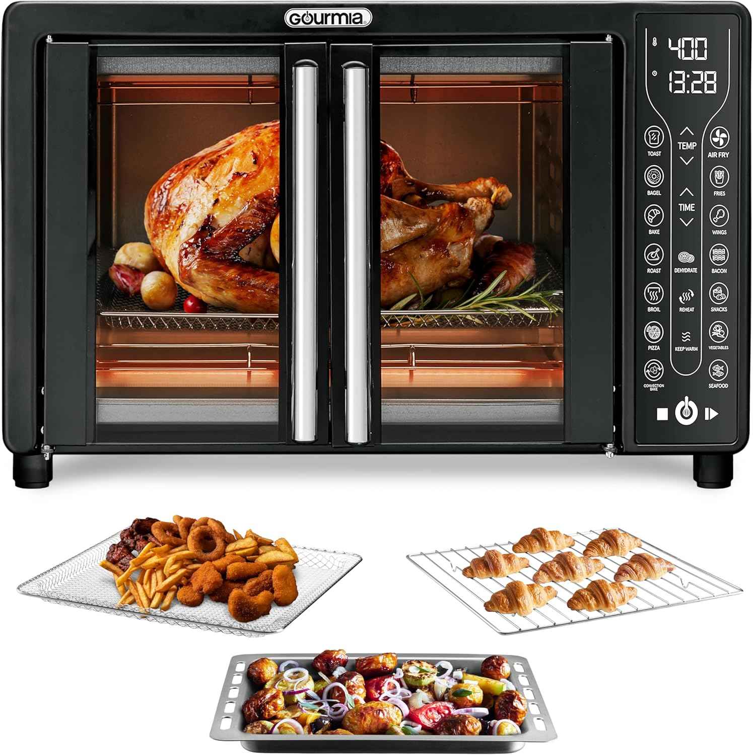 Gourmia French Door Air Fryer – 25 Qt Large Capacity Convection Oven, Fryfroce 360°, Digital Display with 17 Cooking Presets, Bake, Toast, Roast, Dehydrate, Fits 12” Pizza