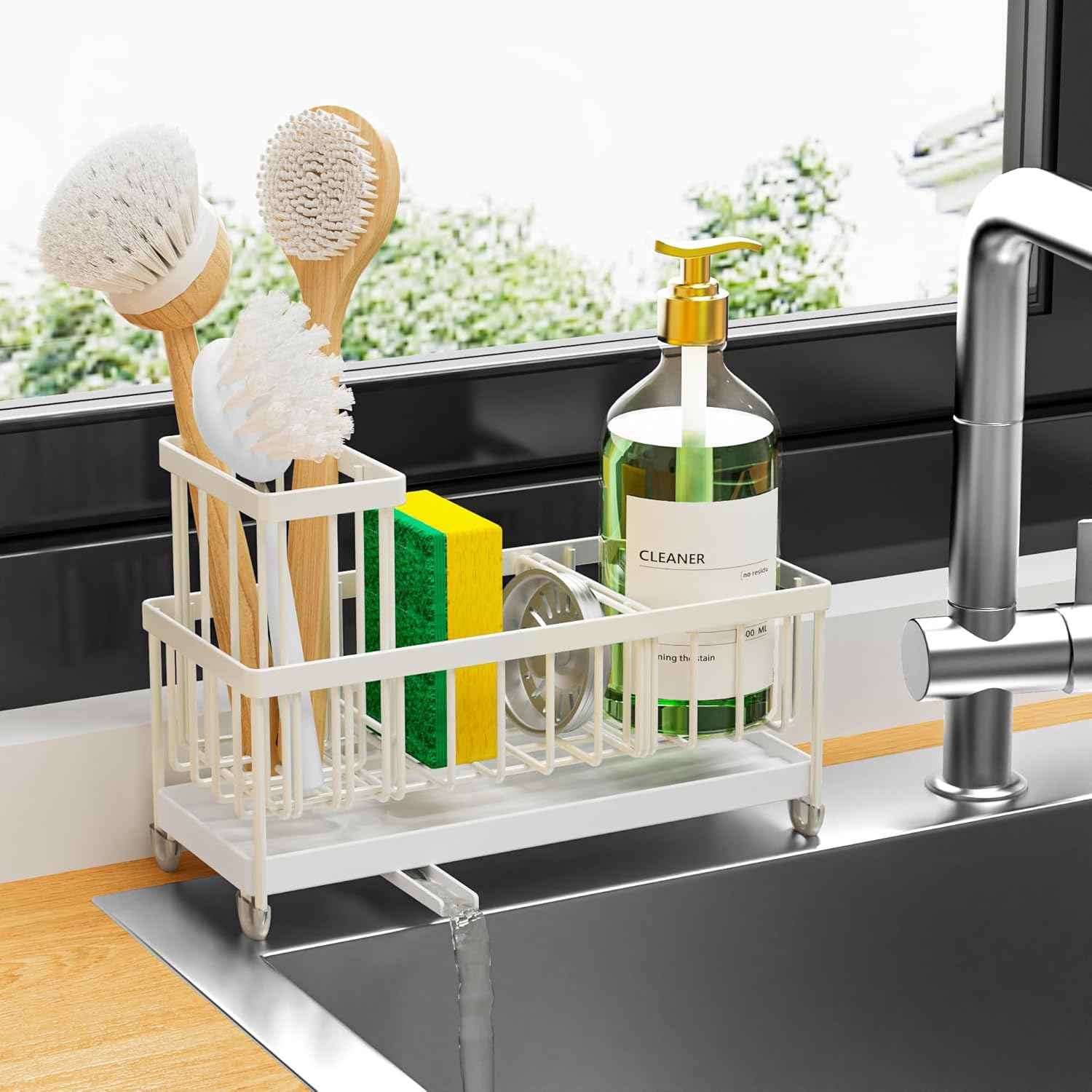 Cisily Silver Sponge Holder for Kitchen Sink, Sink Caddy Organizer with High Brush Holder, Kitchen Countertop Organizers and Storage Essentials, Rustproof 304 Stainless Steel, Soap Dispenser Organize