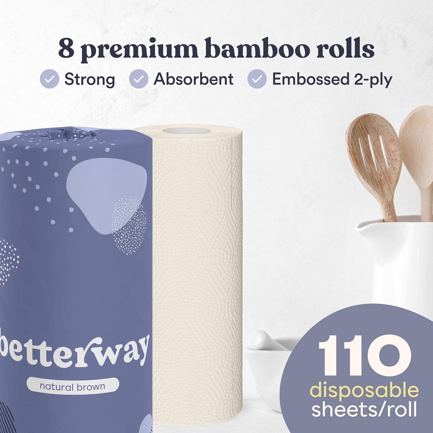 Betterway Bamboo Natural Brown Paper Towels - 8 Rolls, 2 Ply, 110 sheets - Plastic Free, PFAS Free, Disposable Kitchen Paper Towels - Select Size, Tree Free, Compostable, Strong & Absorbent - ShopUS