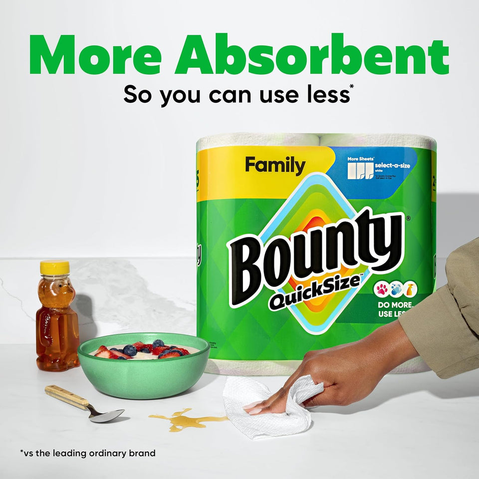 Bounty Quick Size Paper Towels, White, 8 Family Rolls, Fast Absorption and Convenient Everyday Cleanup