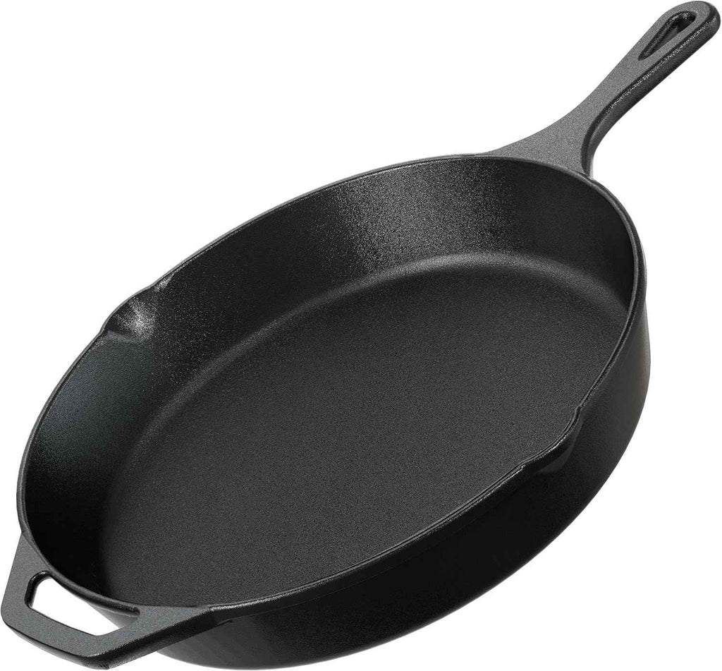 Utopia 12-inch pre-seasoned cast iron skillet, chef's pan for stovetop, oven, campfire, and grill use, black finish