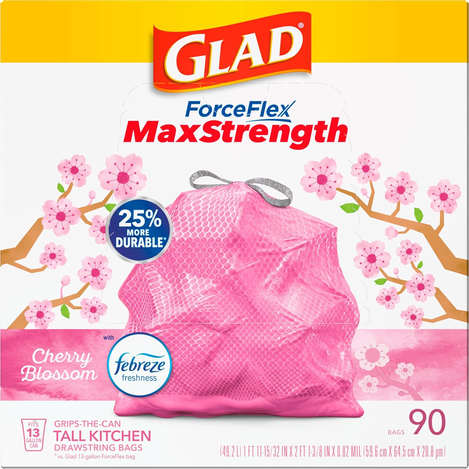 Glad Tall Kitchen Trash Bags 13 Gallon, MaxStrength Cherry Blossom Garbage Bags, Drawstring, 90 Count - ShopUS