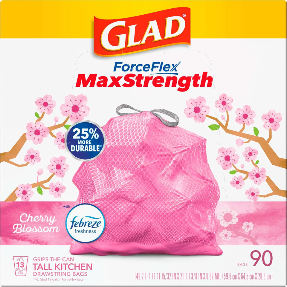 Glad Tall Kitchen Trash Bags 13 Gallon, MaxStrength Cherry Blossom Garbage Bags, Drawstring, 90 Count - ShopUS