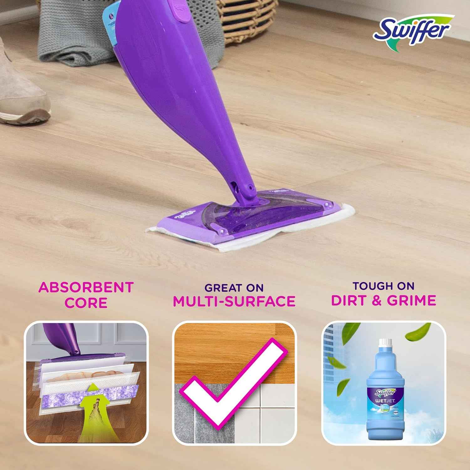 Swiffer WetJet hardwood floor cleaner spray mop pads with absorb + lock strip, 24 count