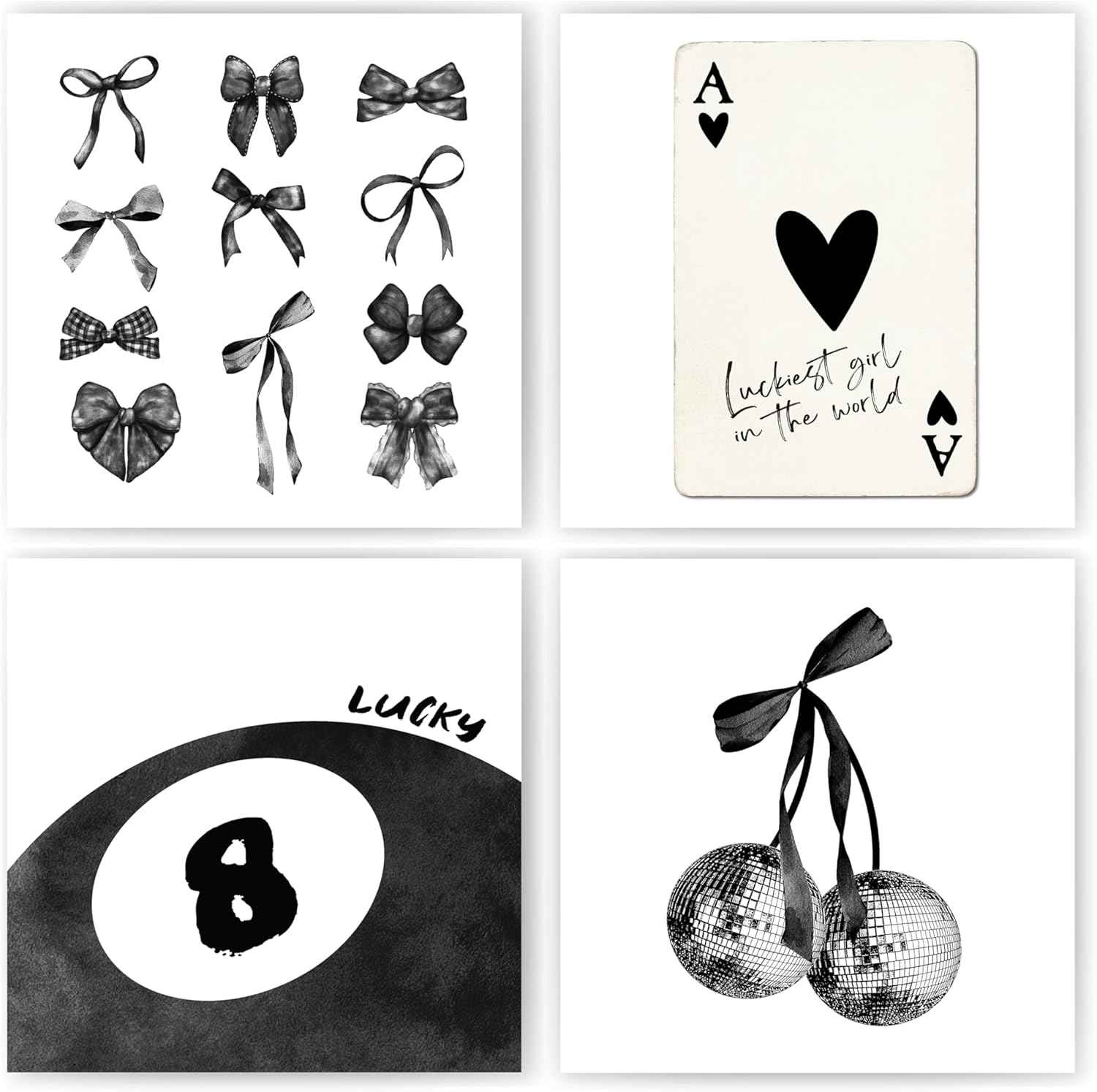 okaxscm Sage Green Coquette Trendy Preppy Wall Art Prints Set of 4, Coquette Preppy Room Decor Aesthetic, Green Bow Disco 8 Ball Cherry Wall Decor Posters for Girls Bedroom Dorm, 8x10 Unframed