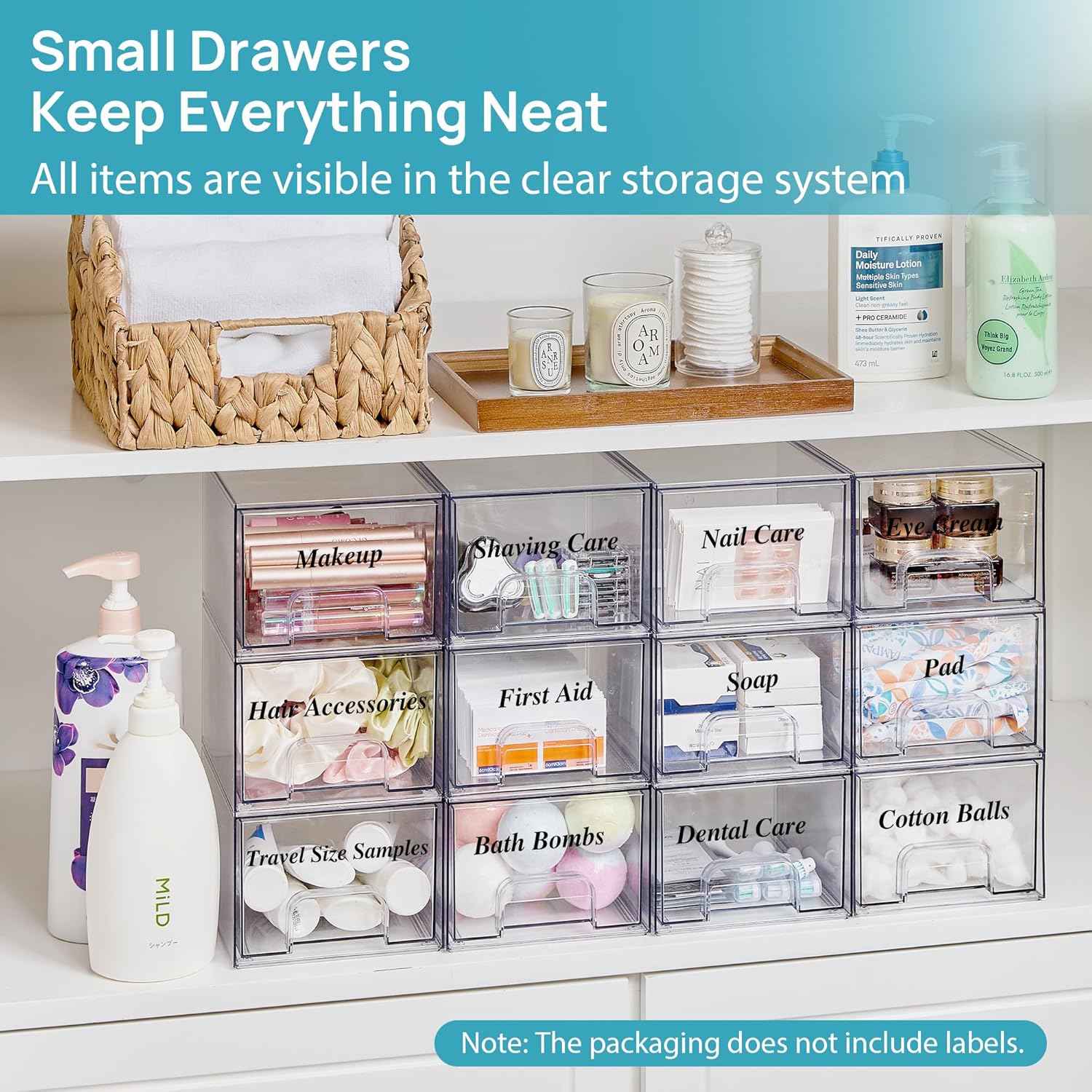 4 Pack Small Clear Stackable Storage Drawers - Acrylic Bathroom Makeup Organizer