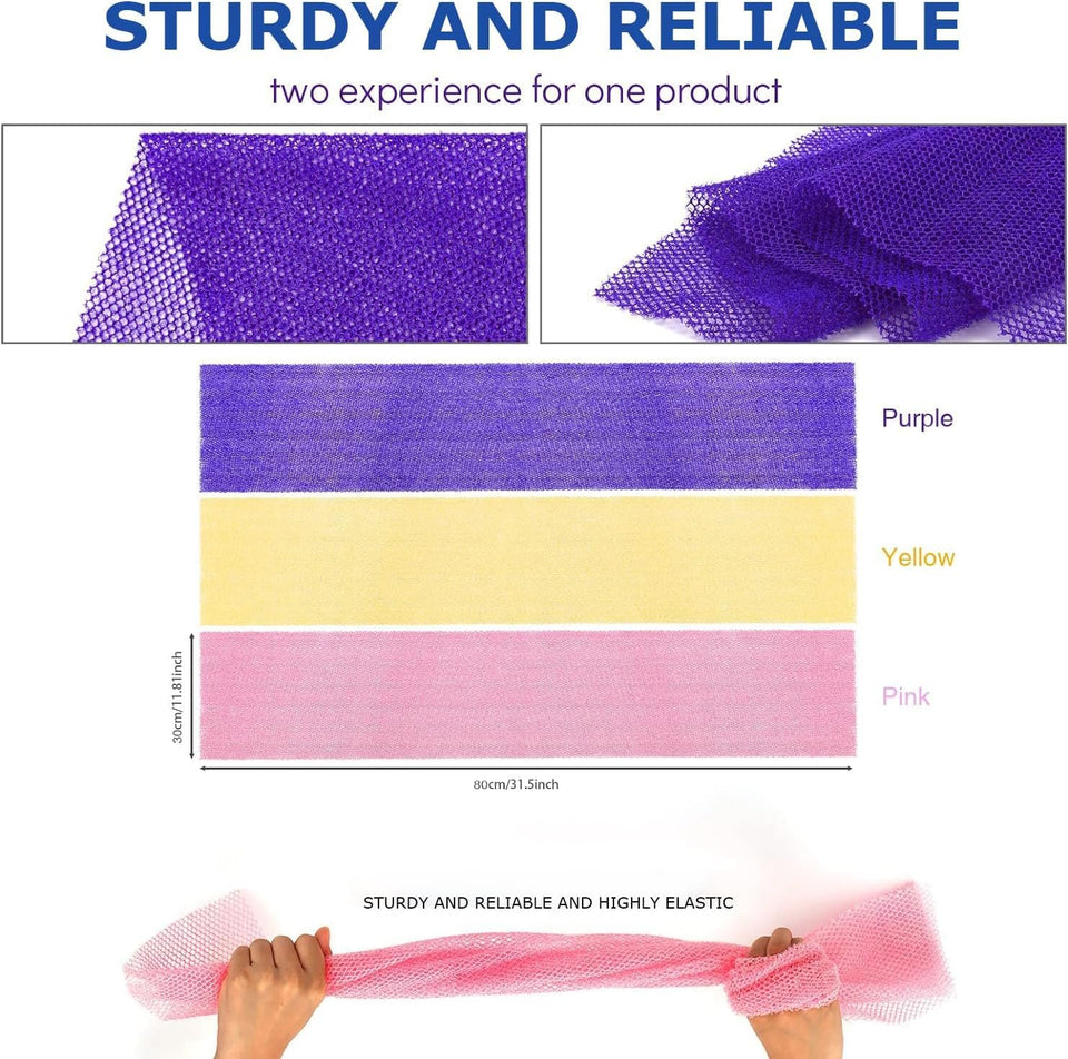 UJFQBH 3 Pieces African Bath Sponge African Net Long Net Bath Sponge Exfoliating Shower Body Scrubber Back Scrubber Skin Smoother,Great for Daily Use (Pink,Yellow,PLrple)
