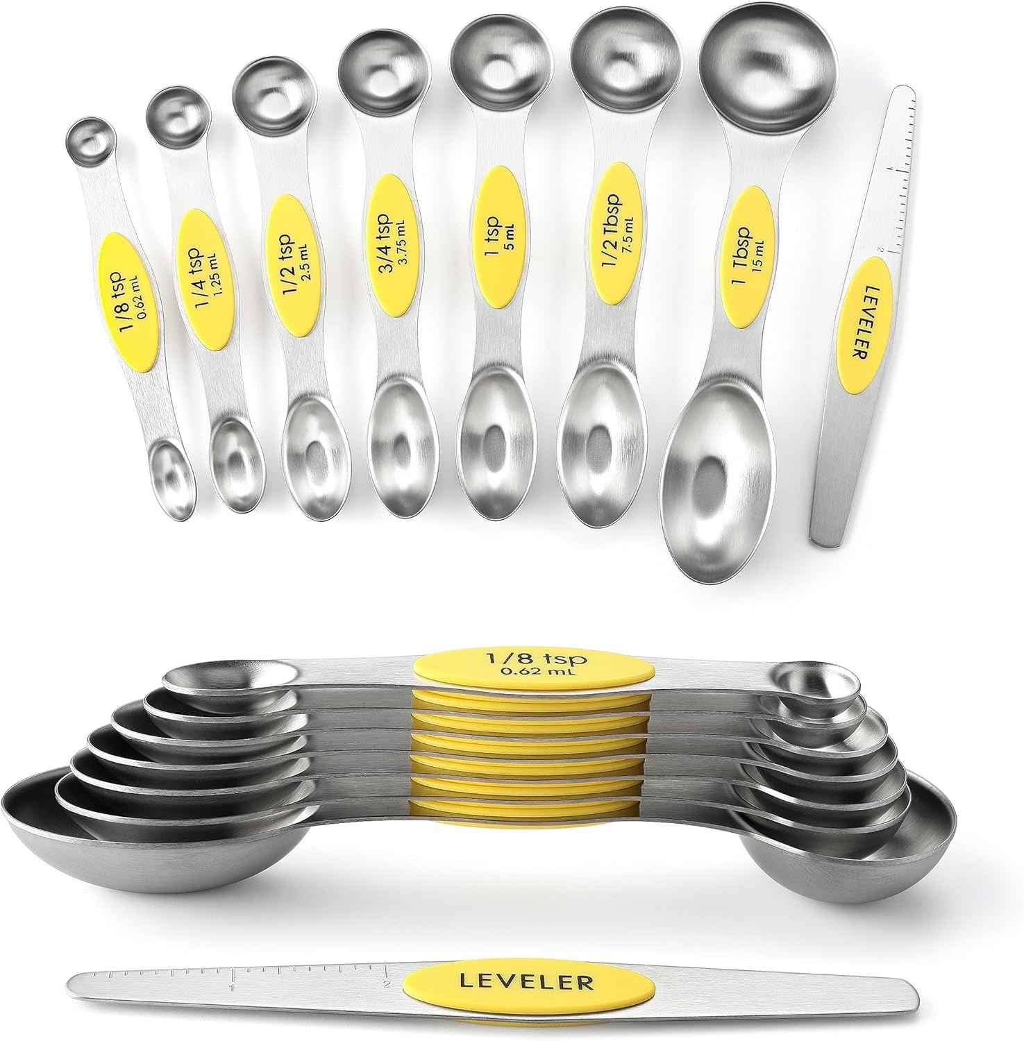 Spring Chef Stainless Steel Magnetic Measuring Spoons Set with Strong N45 Magnets, Heavy Duty Metal Kitchen Gadgets for Baking & Cooking, Fits in Most Kitchen Spice Jars, Set of 8 with Leveler, Black