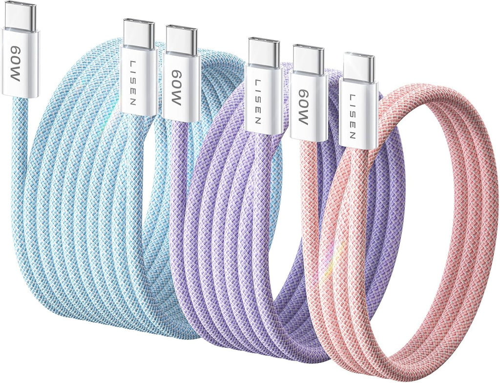 Lisen 5-pack usb c to c cable, 60w fast charging, 10ft for iphone 17, ipad, galaxy s25/s24