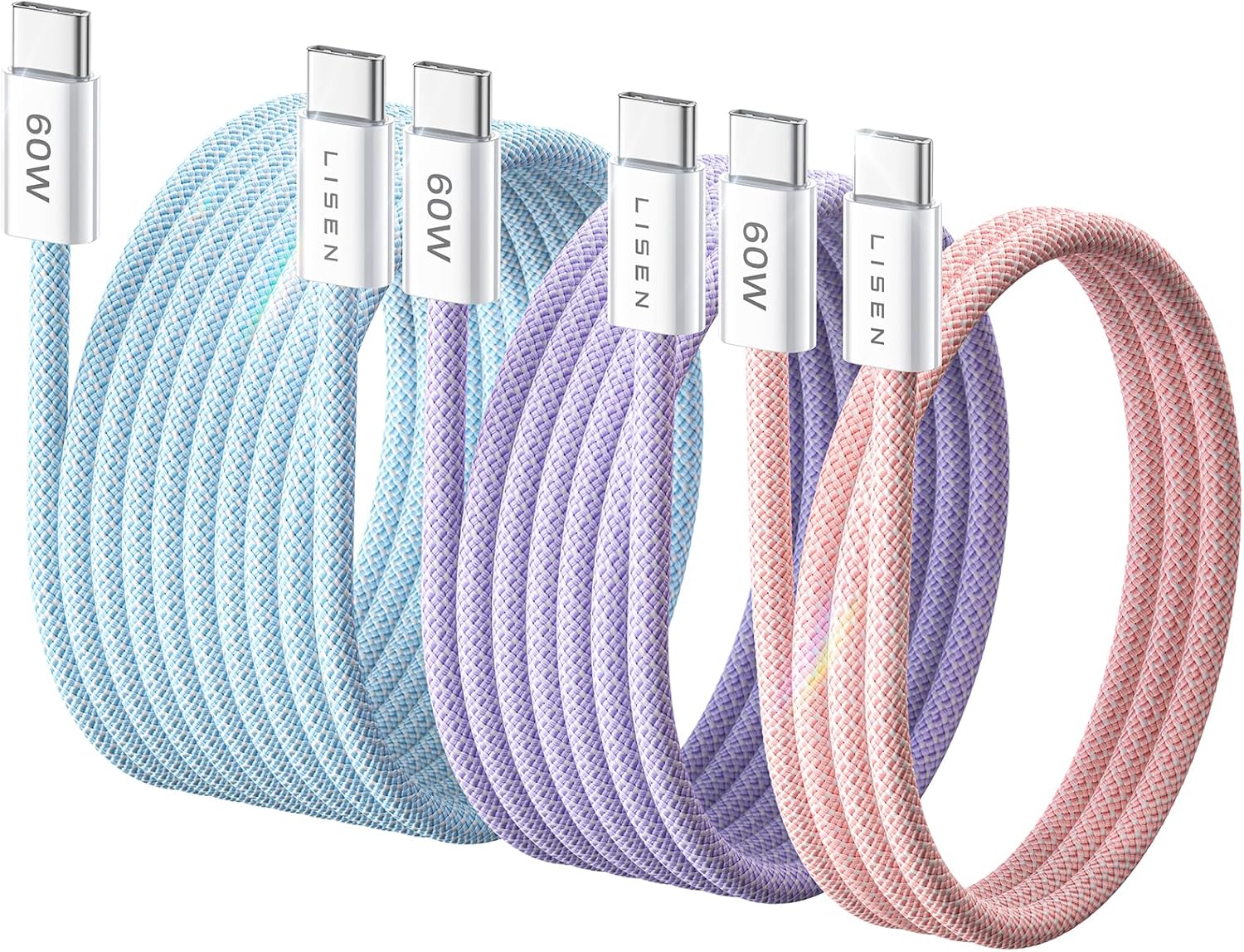 Lisen 5-pack usb c to c cable, 60w fast charging, 10ft for iphone 17, ipad, galaxy s25/s24