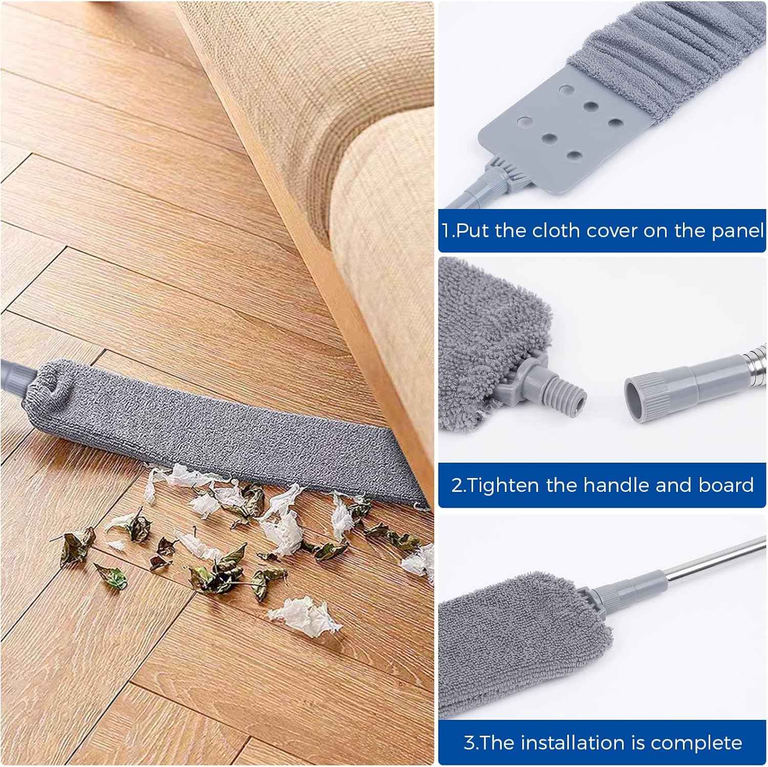 Retractable microfiber dusting cloths with long 60-inch handle for dusting under appliances furniture couch fridge