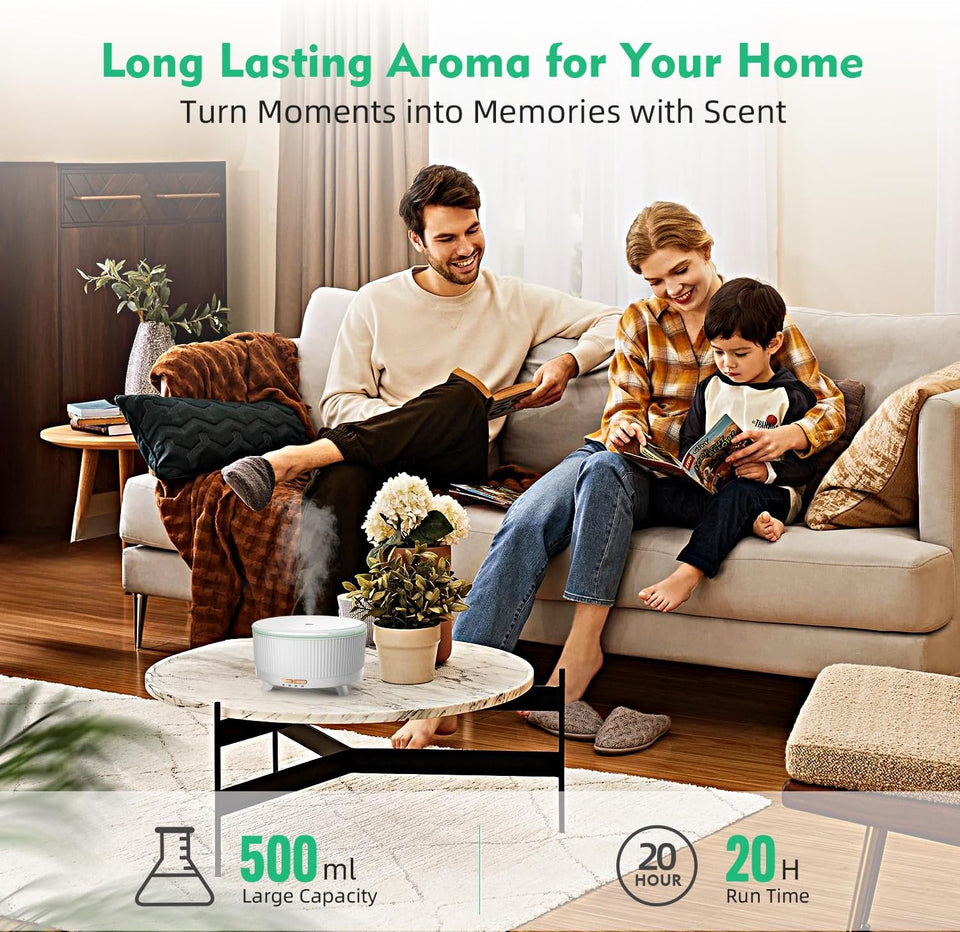 20-Hour Long-Lasting Aromatherapy, 500ML Large Essential Oil Diffuser: Ultrasonic Cool Mist Humidifier with Remote Control, 7 Color Lights, Timer, Auto-Off for Home/Bedroom/Yoga (Minimalist White)