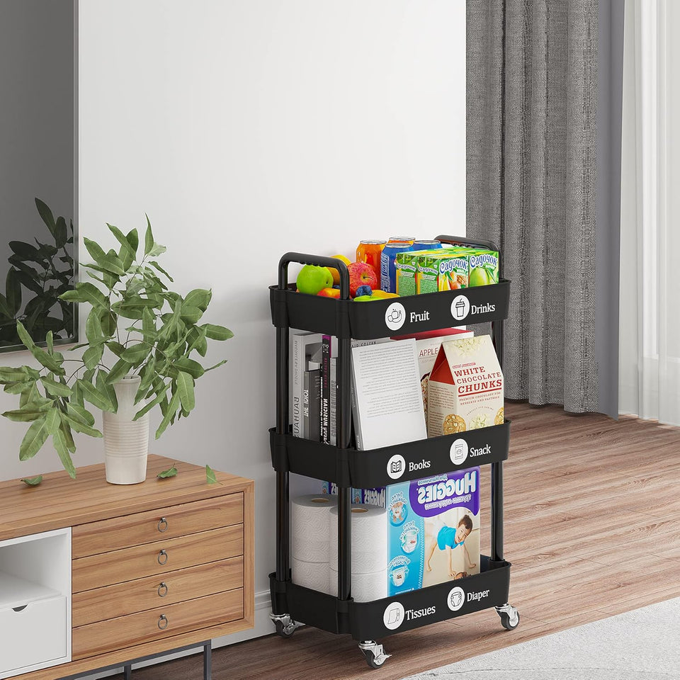 Laiensia 3-Tier Storage Carts,Multifunction Utility Rolling Cart Kitchen Storage Organizer,Mobile Shelving Unit Cart with Lockable Wheels for Bathroom,Laundry,Living Room,With Classified Sticker,Black