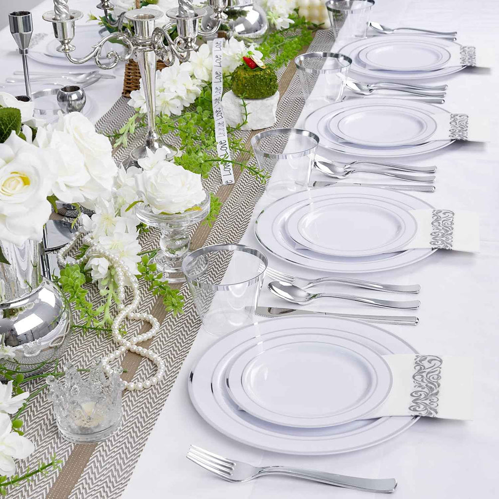WELLIFE 700 Pieces Silver Plastic Dinnerware Set for 100 Guests - Includes Plates, Cups, Napkins, and Disposable Cutlery - Elegant White & Silver Design, Perfect for Parties and Events