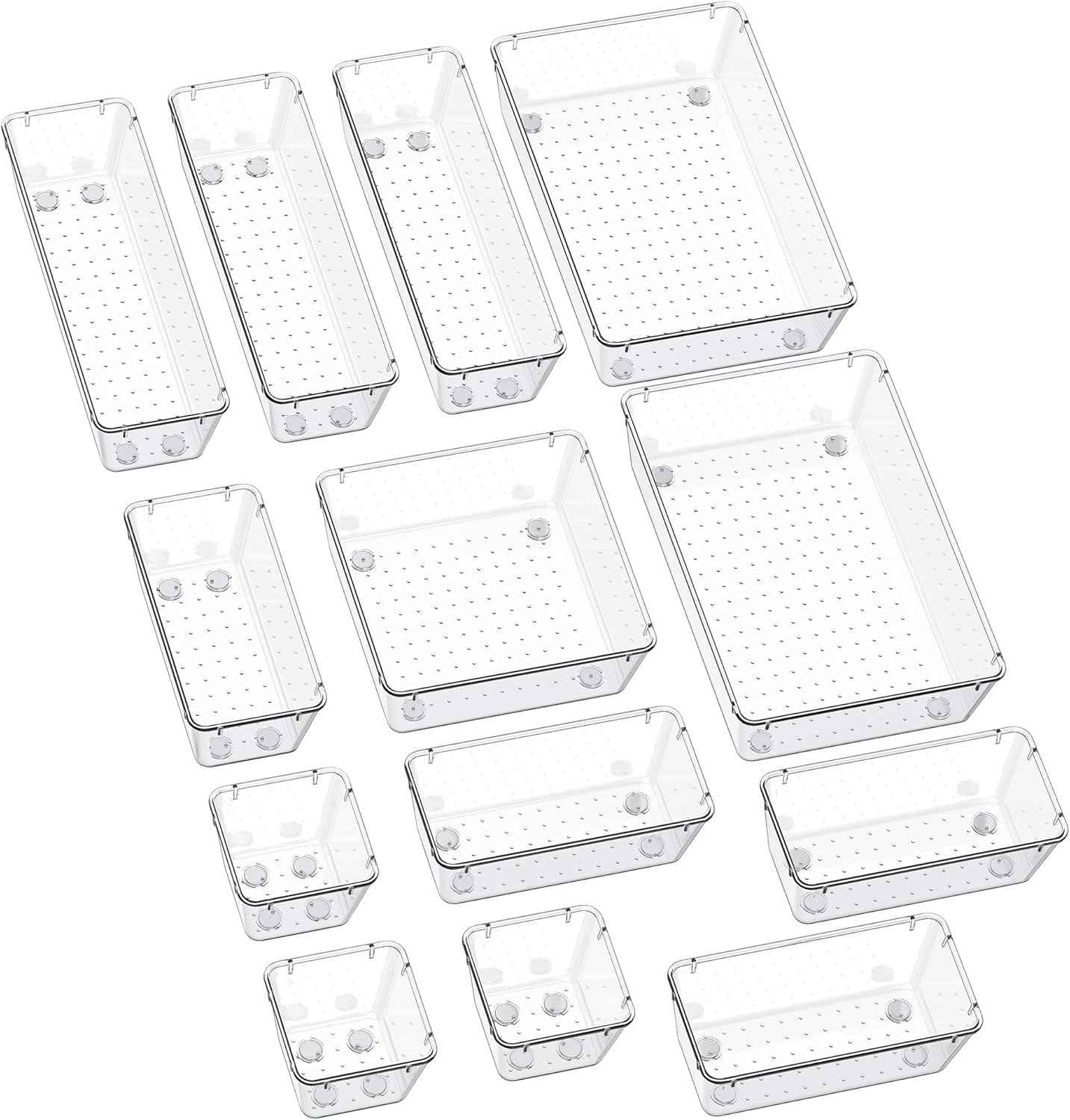 smartake 13-piece clear drawer organizers with non-slip silicone pads, 5-size desk bathroom organizer trays for makeup, jewelries, utensils storage in bedroom dresser, office and kitchen