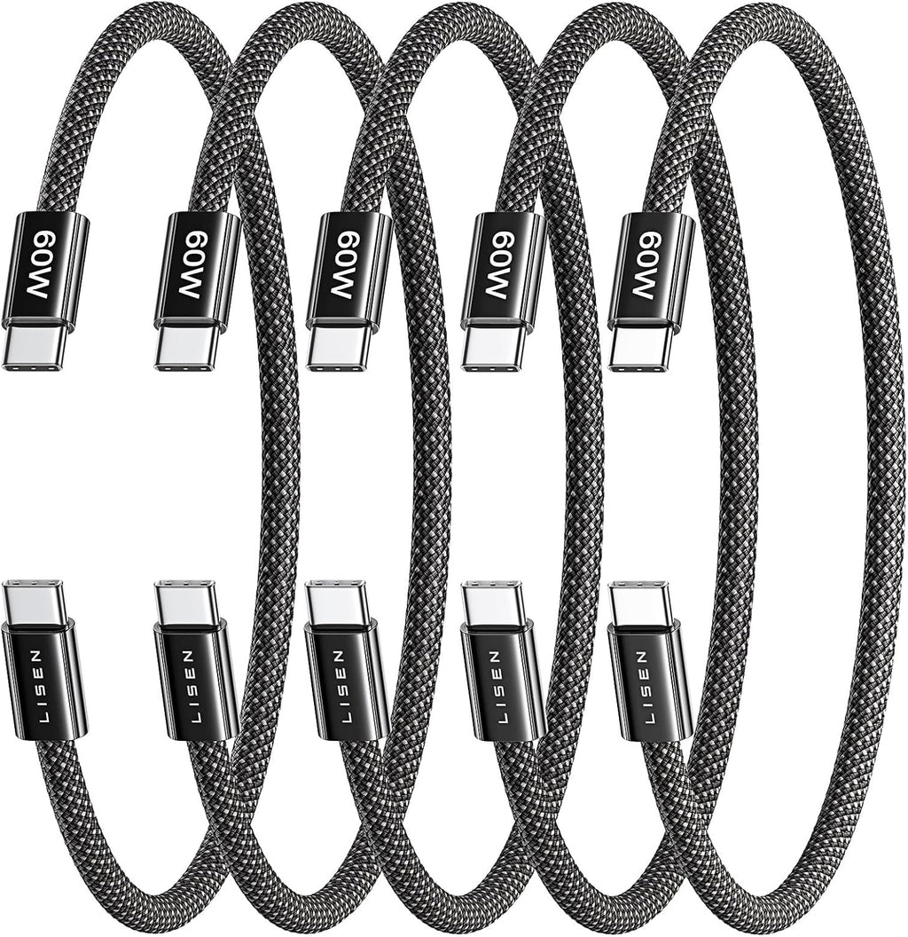 Lisen 5-pack usb c to c cable, 60w fast charging, 10ft for iphone 17, ipad, galaxy s25/s24