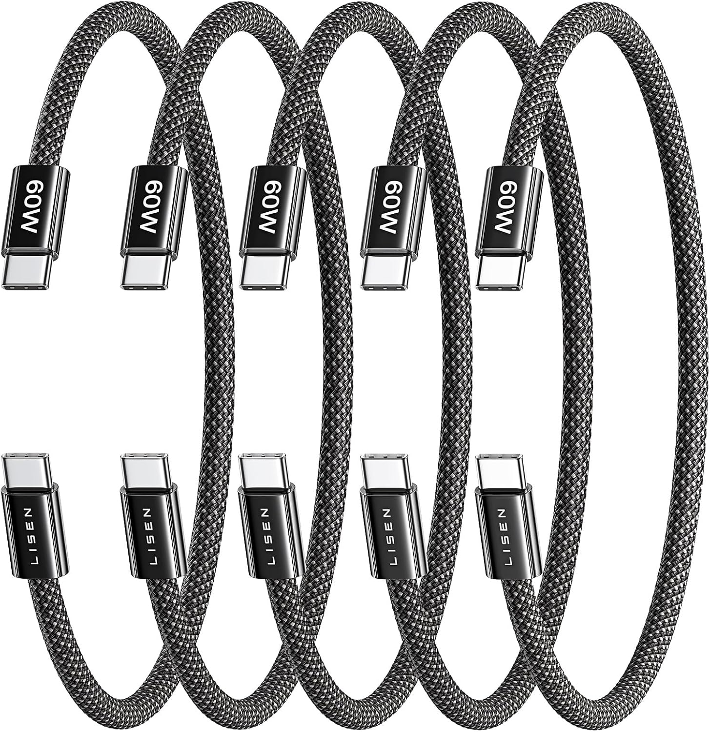 Lisen 5-pack usb c to c cable, 60w fast charging, 10ft for iphone 17, ipad, galaxy s25/s24