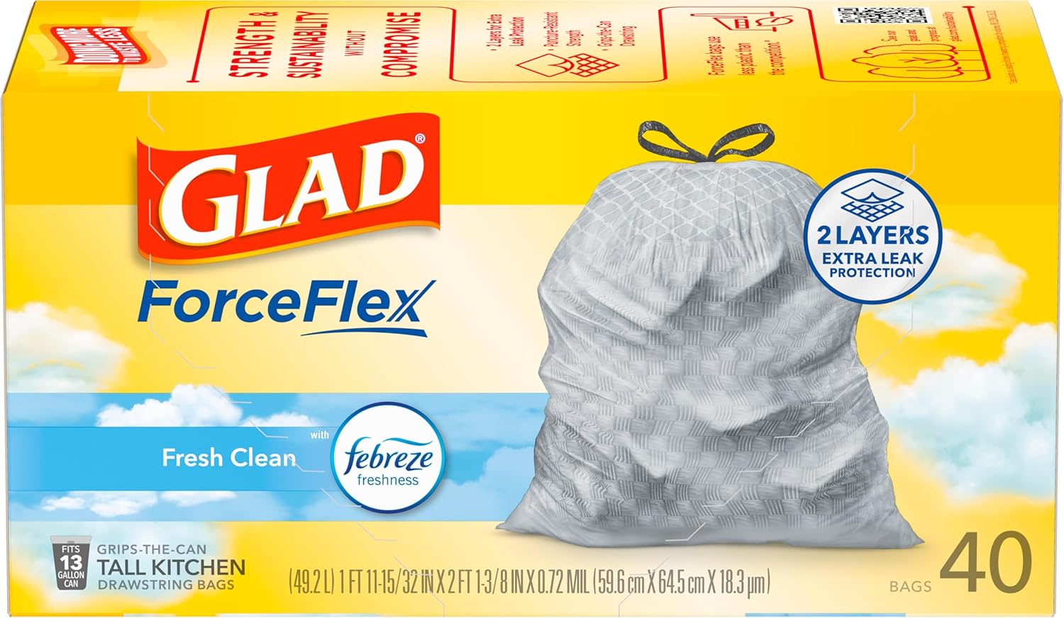 Glad ForceFlex Tall Kitchen Trash Bags, 13 Gallon, Gain Fresh Clean, 40 Count (Package May Vary) - ShopUS
