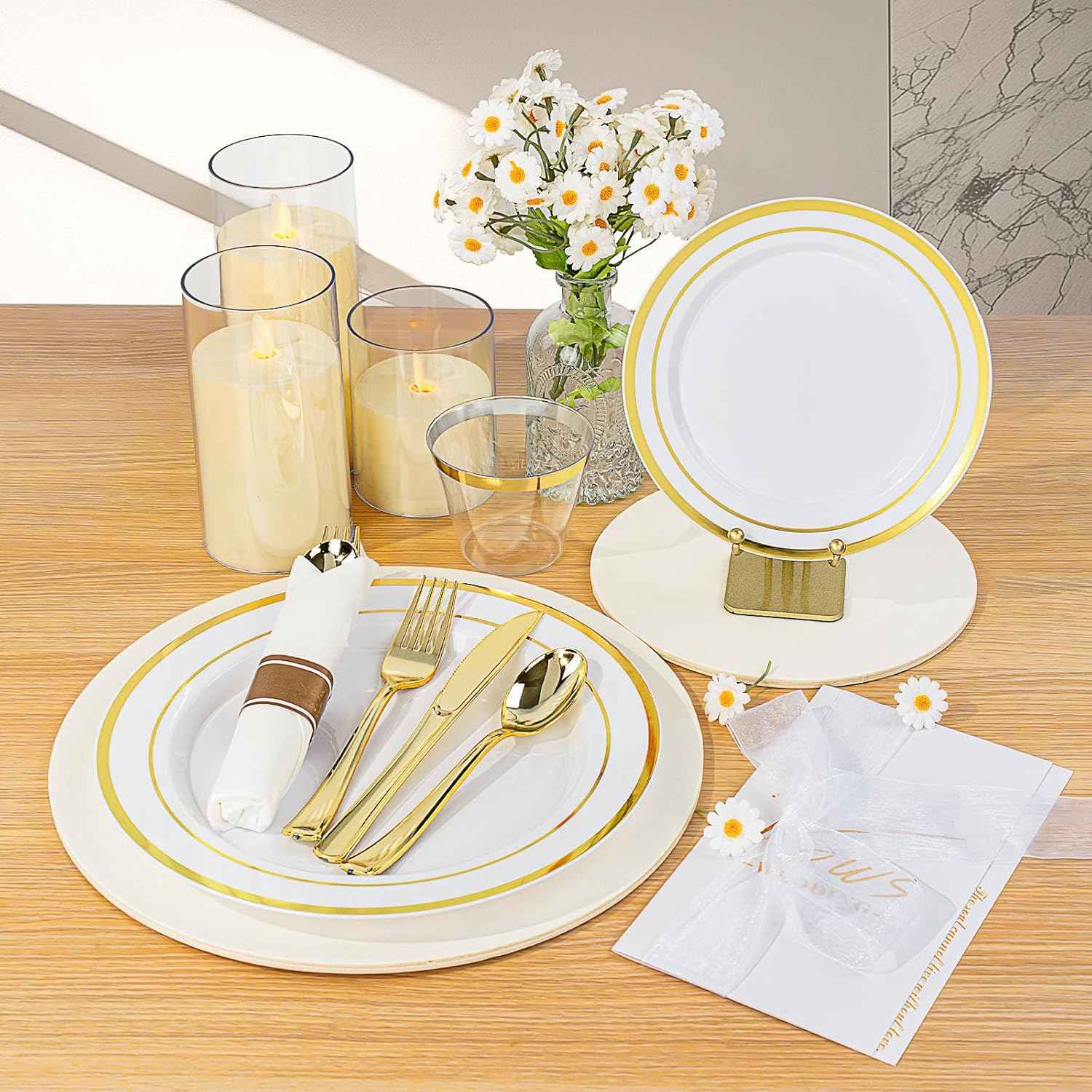 BestVIP 700PCS Gold Plastic Dinnerware Set for 100 Guests, BPA Free, Disposable Plates with Silverware, Cups, and Napkins