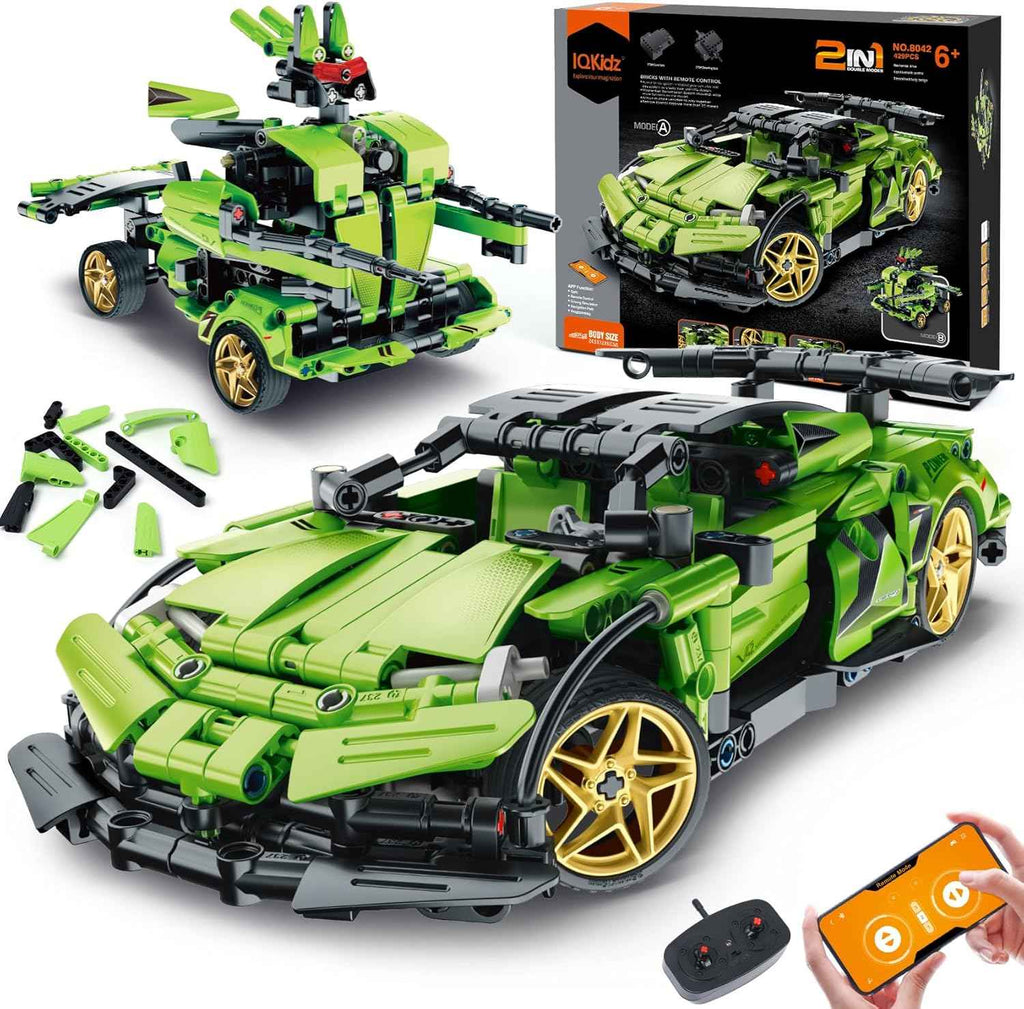 iqkidz 2 in 1 remote control race car and robot building blocks kit for kids aged 6-12