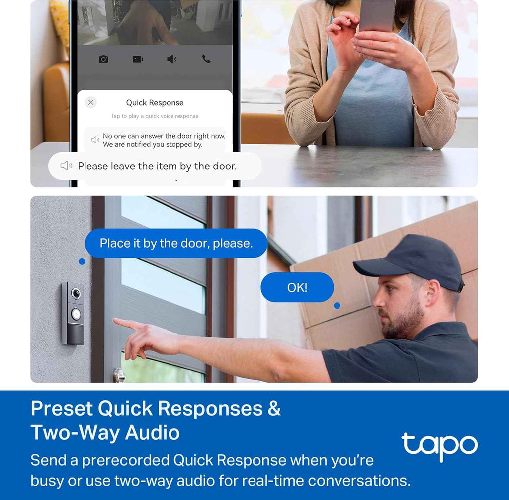 Tapo 2K+ Wired or Battery Powered Smart Video Doorbell with Chime - 180° Field of View, Person/Vehicle/Package Detection, Ring Call, 2-Way Audio, Subscription-Free Local Storage or Optional Cloud,D225