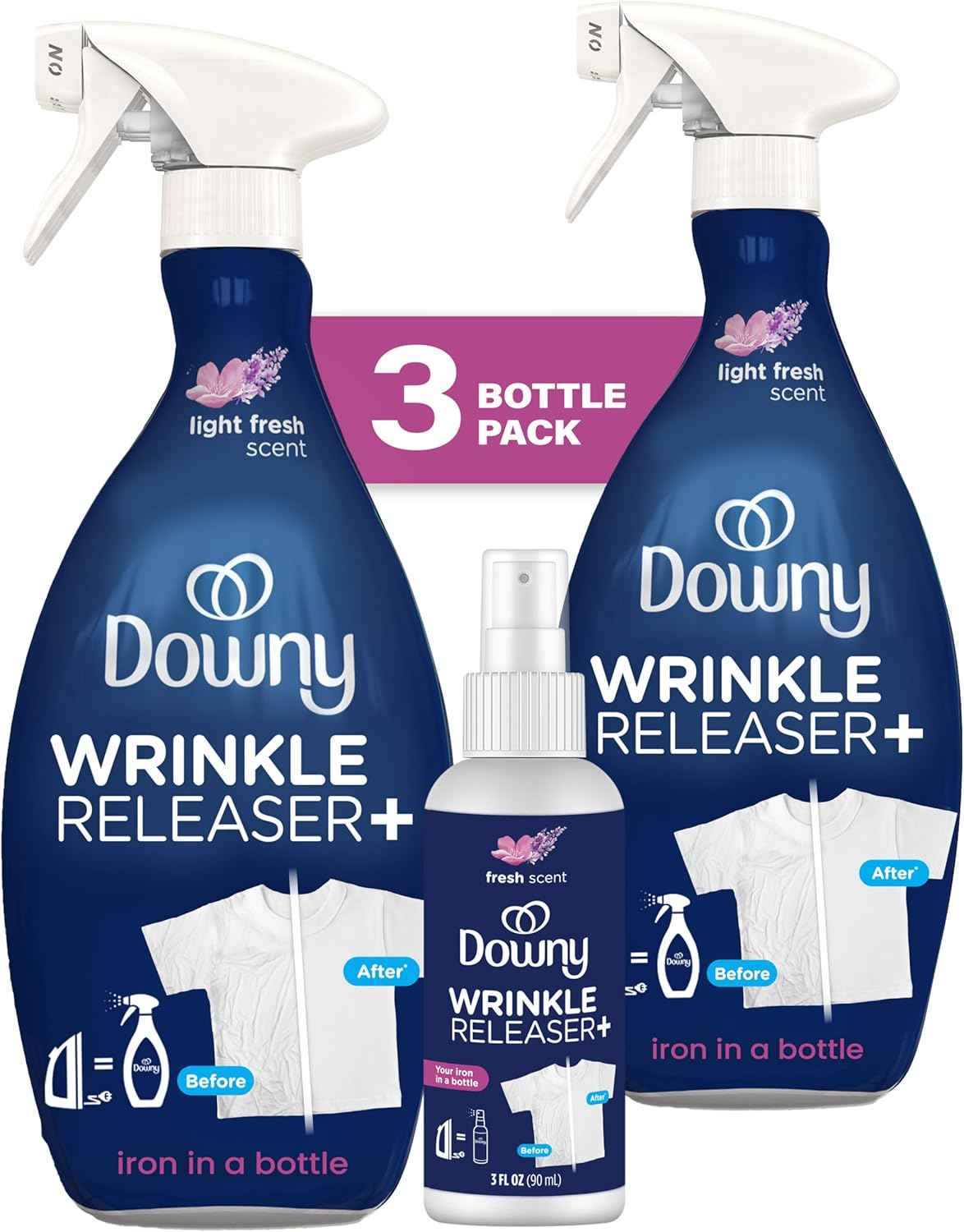 Downy Wrinkle Releaser Spray, Travel Size + 16.9 Oz Pack of 2, All-In-One Formula Removes Wrinkles, Static and Odors, Light Fresh Scent