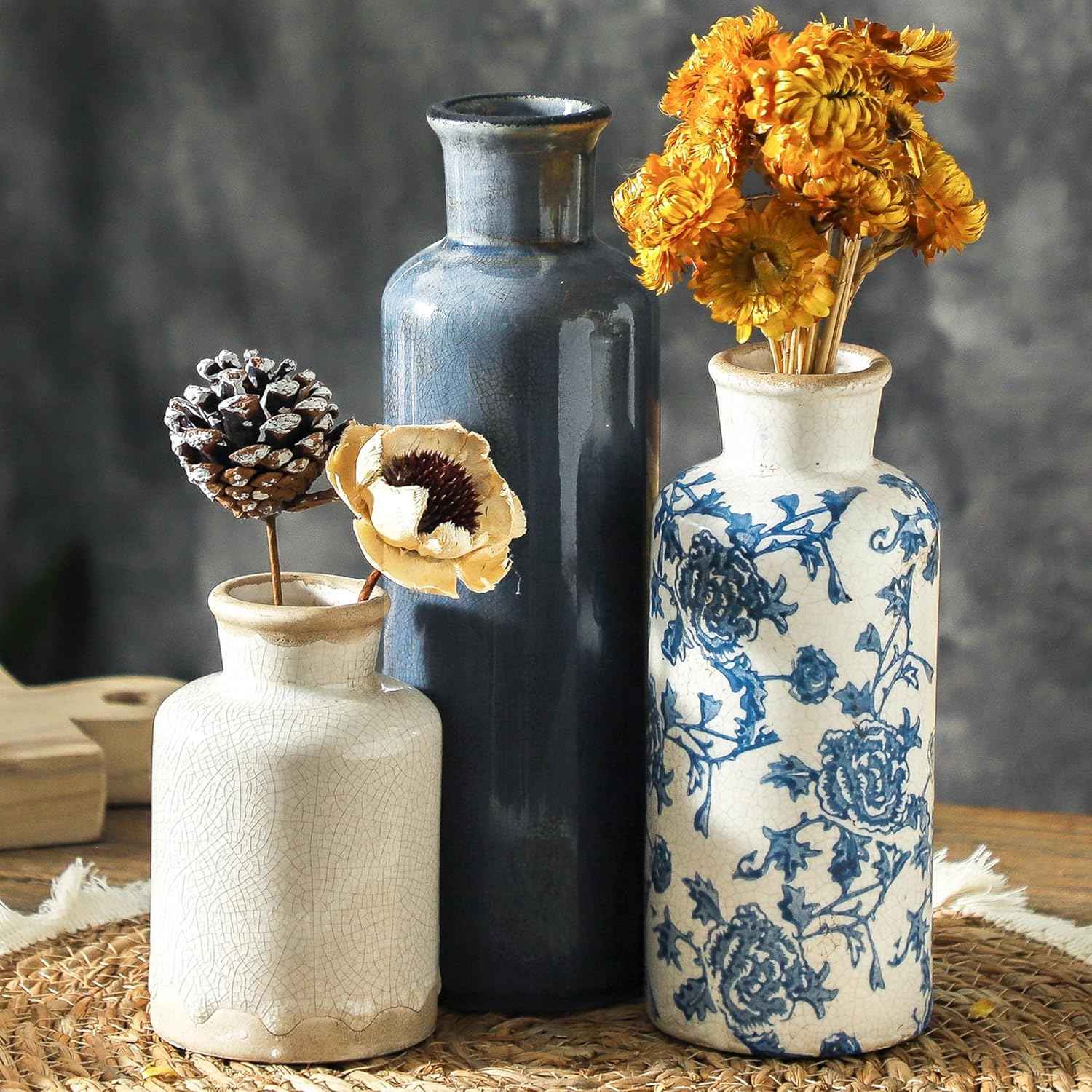 Ceramic Vase Set of 3, Neutral Flower Vases Home Decor, Pottery Rustic Farmhouse Decorative Vases Modern Decor for Table Mantel Entryway Bookshelf Living Room Kitchen Bedroom - Brown