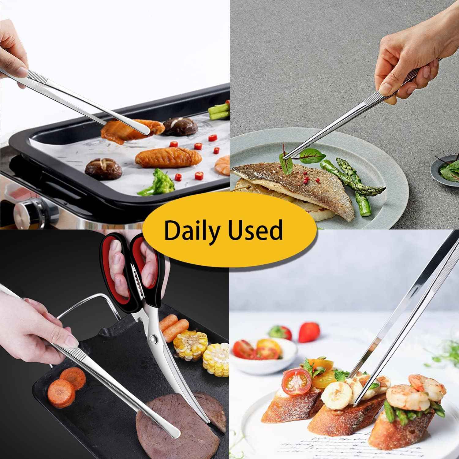 JETKONG 2 Pcs 12-Inch Kitchen Tweezers Fine Tweezer Tongs, Extra-Long Stainless Steel Cooking Tweezers (Silver)