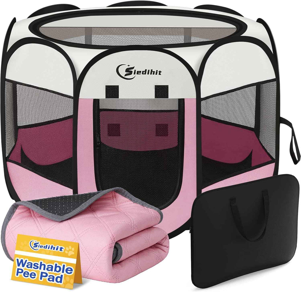Dog Cat Playpen, Puppy Pet Playpen Indoor for Small Dogs Tent Crates Cage Outdoor, Portable Pop Up Dog Kennel Playpen with Carrying Case for Dogs/Cats/Rabbits, Removable Zipper Top, Grey