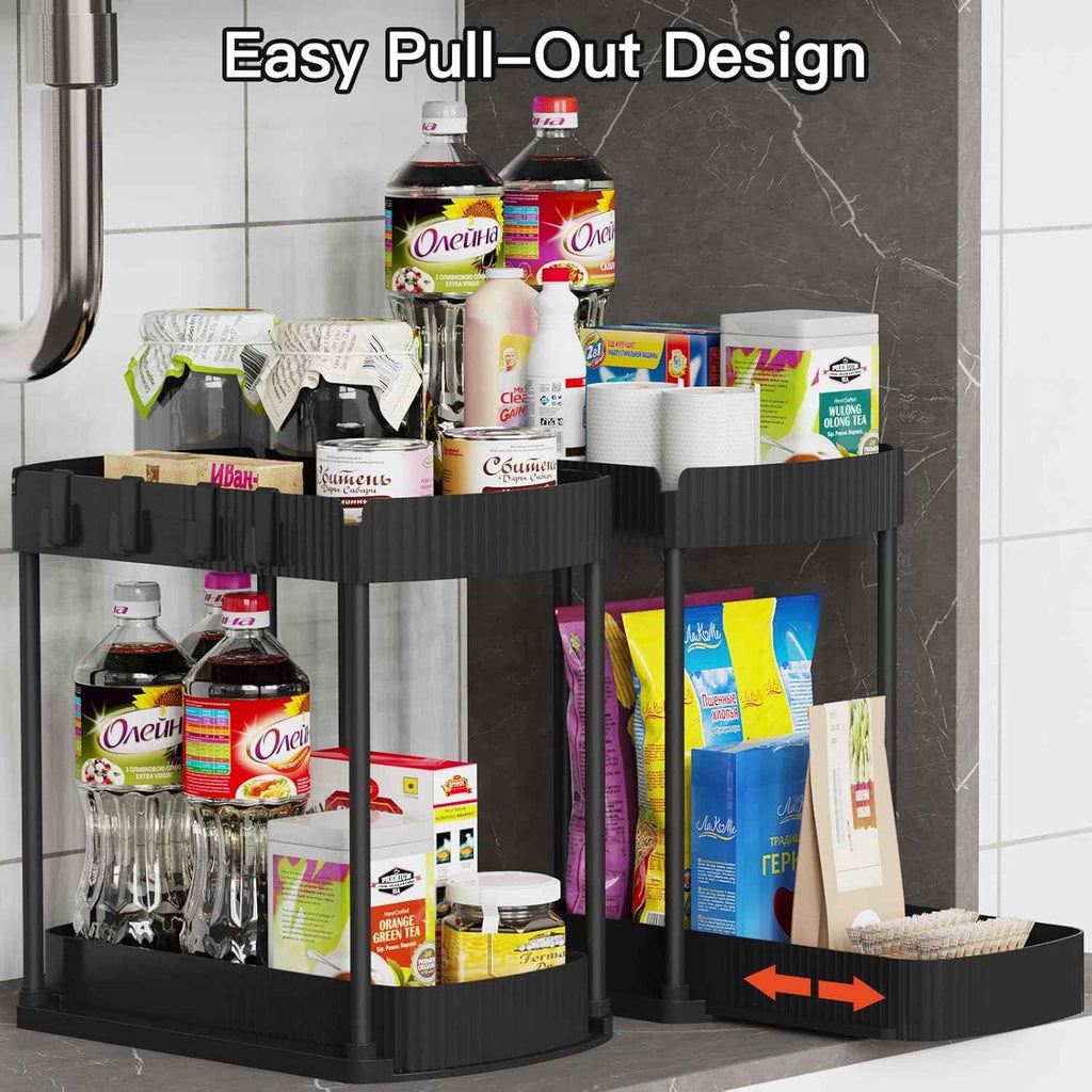 Versatile Under-Sink Organizers: 12.8" Black Pullout Storage for Bathroom & Kitchen, 2-Pack