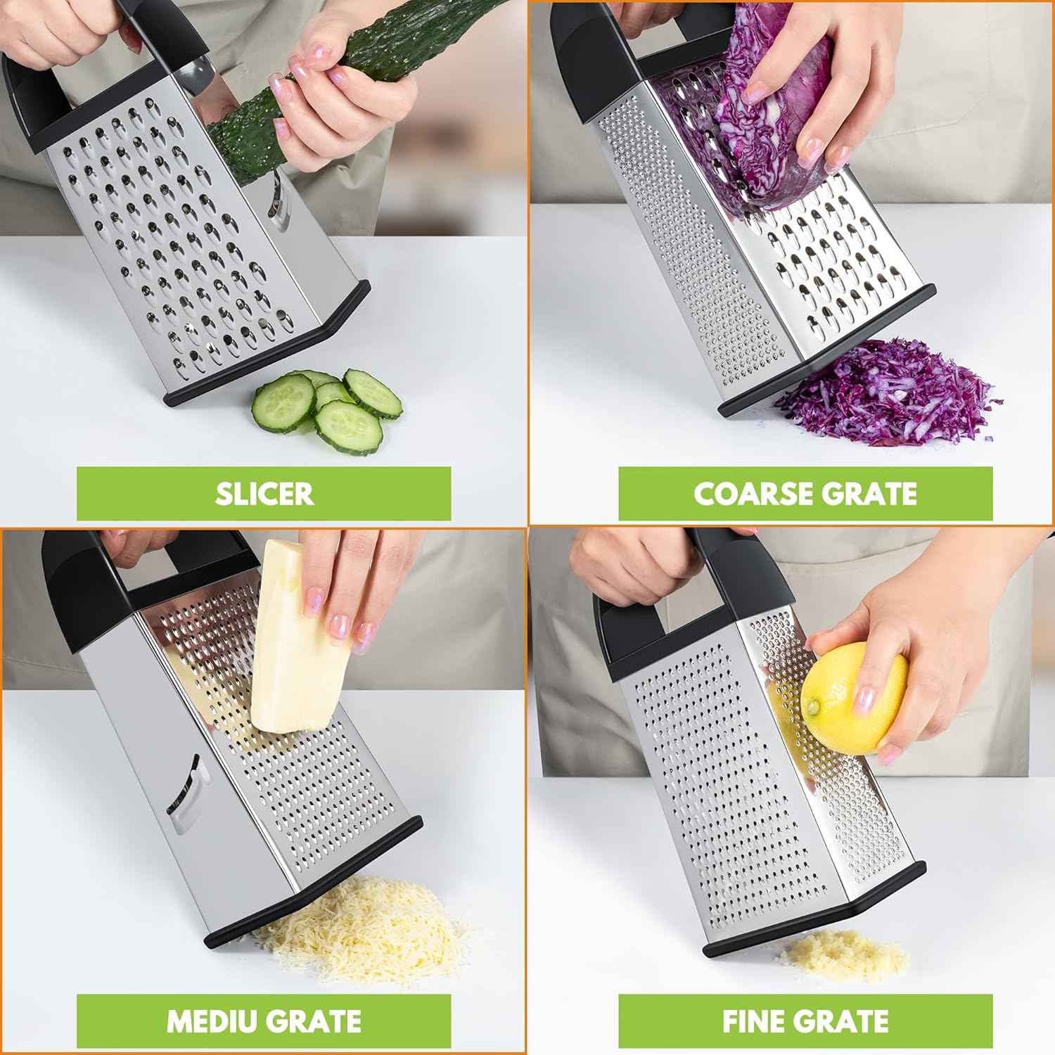 Urbanstrive 18/8 Stainless Steel Cheese Grater with Container Box, Zester, and Dishwasher Safe Kitchen Gadgets