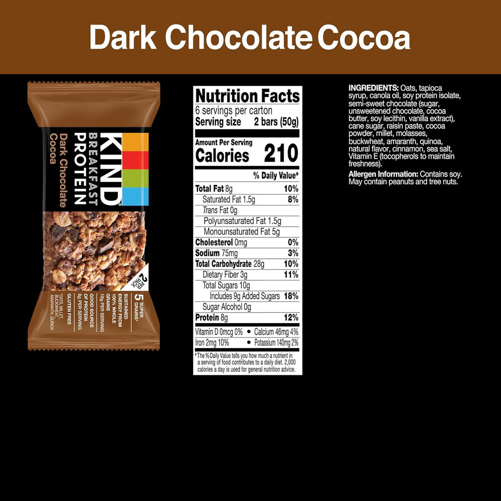 kind breakfast protein bars, dark chocolate cocoa, gluten free, healthy 8g protein snacks, 6 count boxes