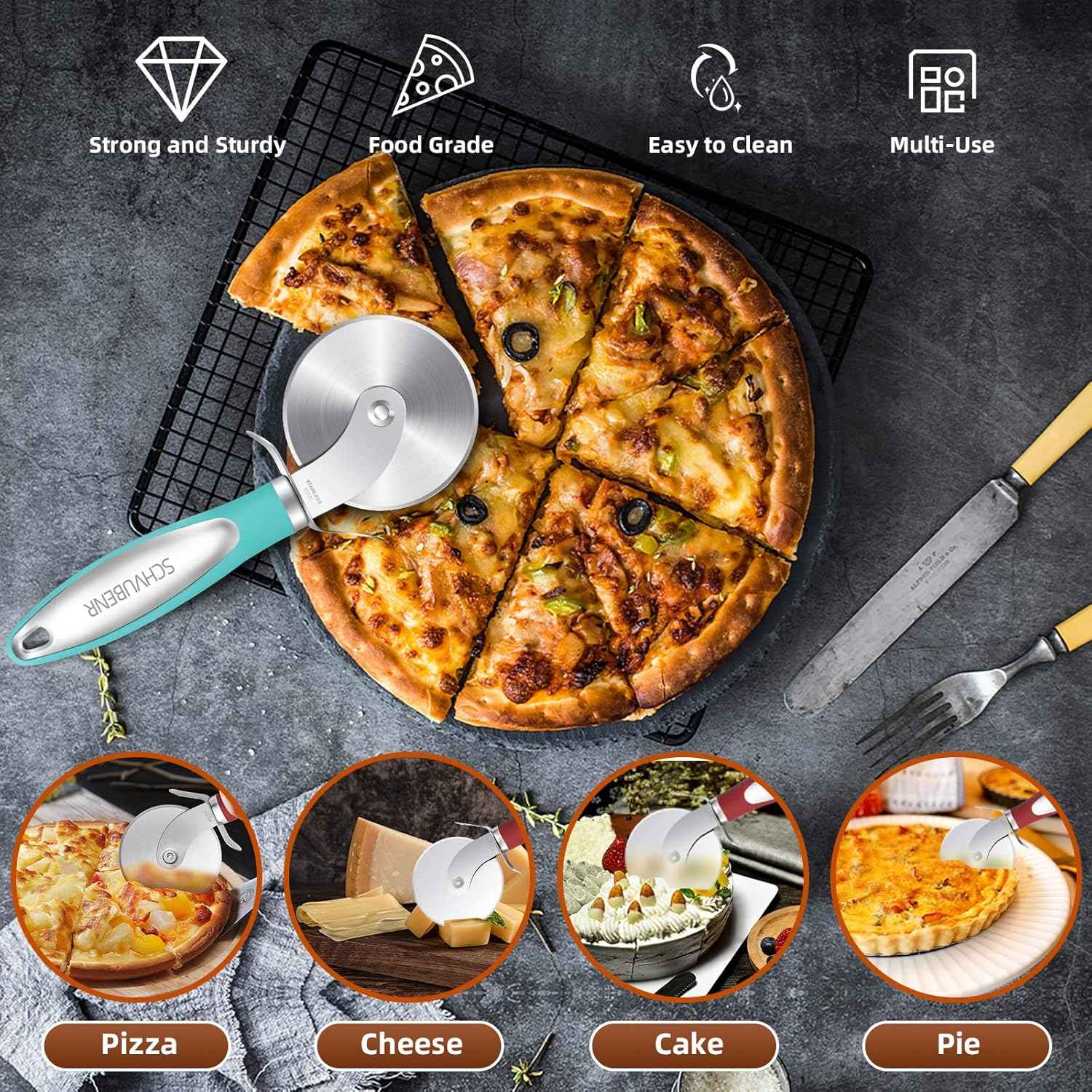 SCHVUBENR Premium Pizza Cutter Wheel - Ultra Sharp Stainless Steel Pizza Slicer with Non-Slip Soft Grip Handle - Multi-Purpose Cutter for Pizza, Dough & Pastry - Dishwasher Safe, Easy to Clean - Blue
