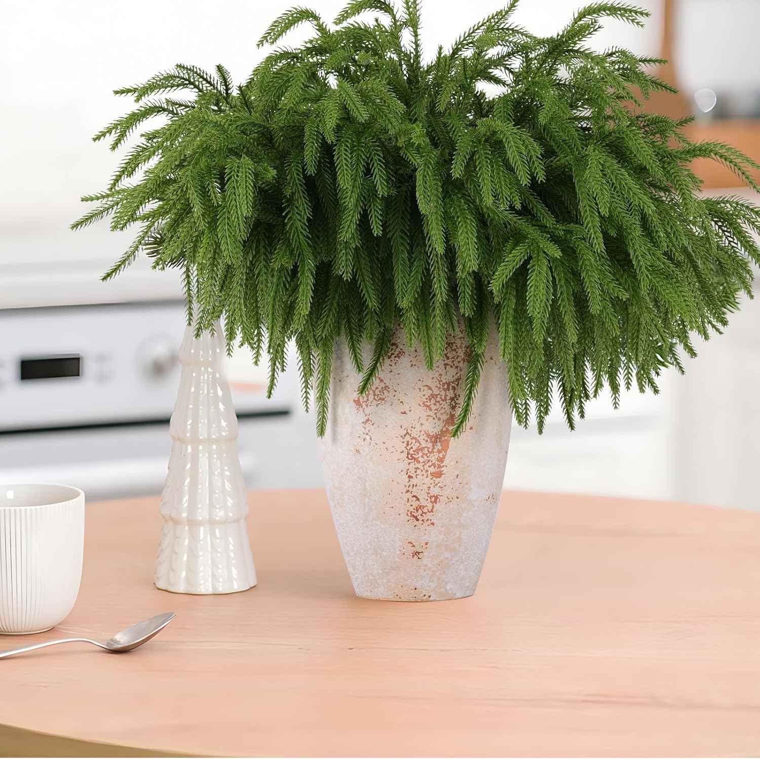 12 Pcs Artificial Norfolk Pine Branches, Norfolk Pine Artificial Pine Stems DIY Crafts Faux Christmas Greenary Norfolk Pine Branches for Xmas Wreath Garland Home Decor (12)