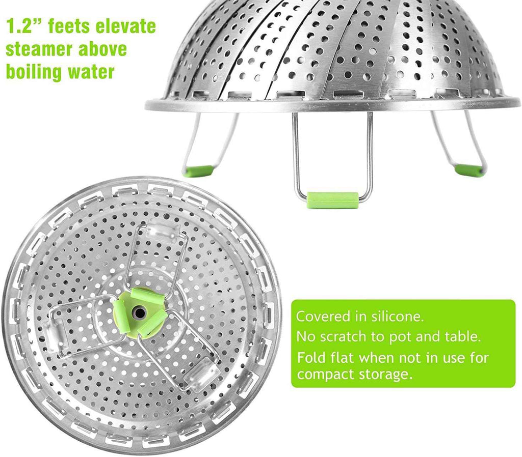 Stainless Steel Veggie Steam Basket for Pot, Foldable and Expandable Steaming Insert with Extendable Handle Fits 5.1" to 9" Pots