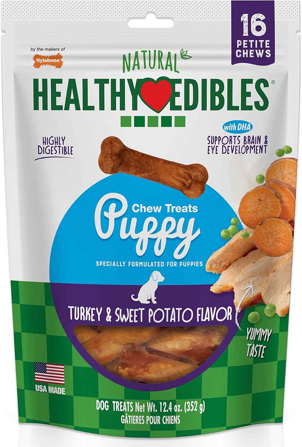Nylabone Healthy Edibles Natural Puppy Chews Long Lasting Treats for Puppies, Roast Beef, Apple & Bacon Flavor, X-Small/Petite (3 Count)