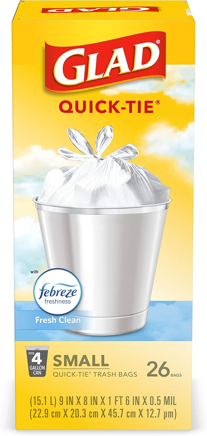Glad Small Trash Bags 4 Gallon, Febreze Fresh Clean Garbage Bags, Odor Resistant with Quick Tie, 26 Count - ShopUS