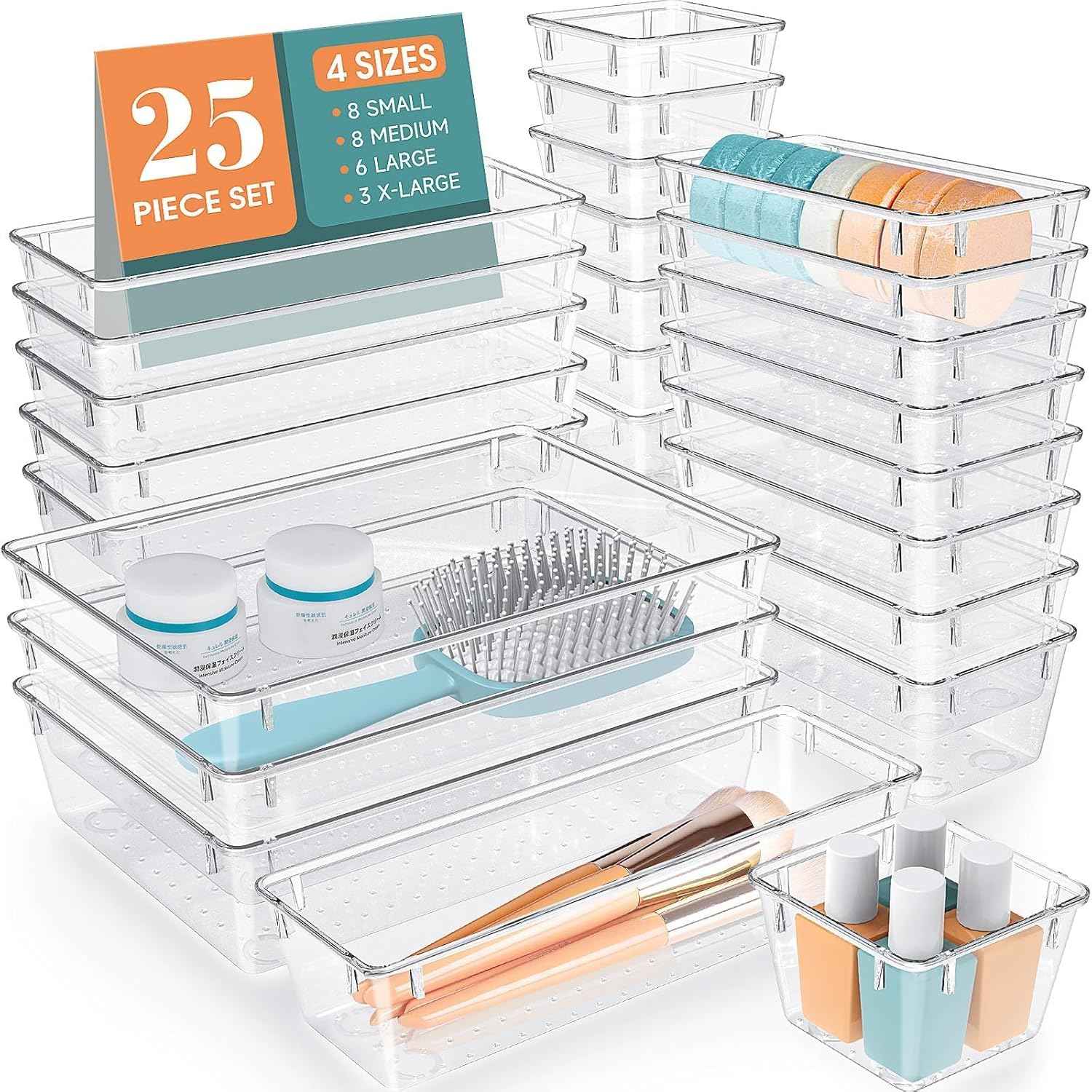 Clear Plastic Drawer Organizer Set - 25 PCS, 4 Sizes Desk Drawer Dividers & Storage Bins for Organization