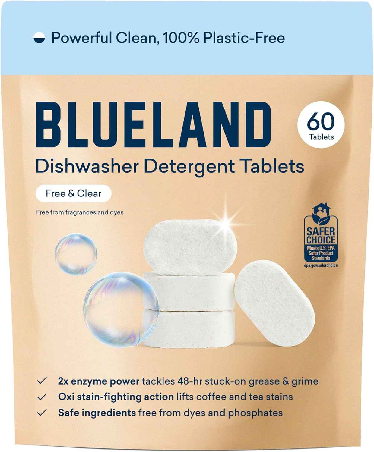Blueland 100% Plastic-Free Dishwasher Detergent Tablets, 60 Count, Free & Clear, Eco-Friendly Dishwashing Pods, Natural, USDA Certified Biobased