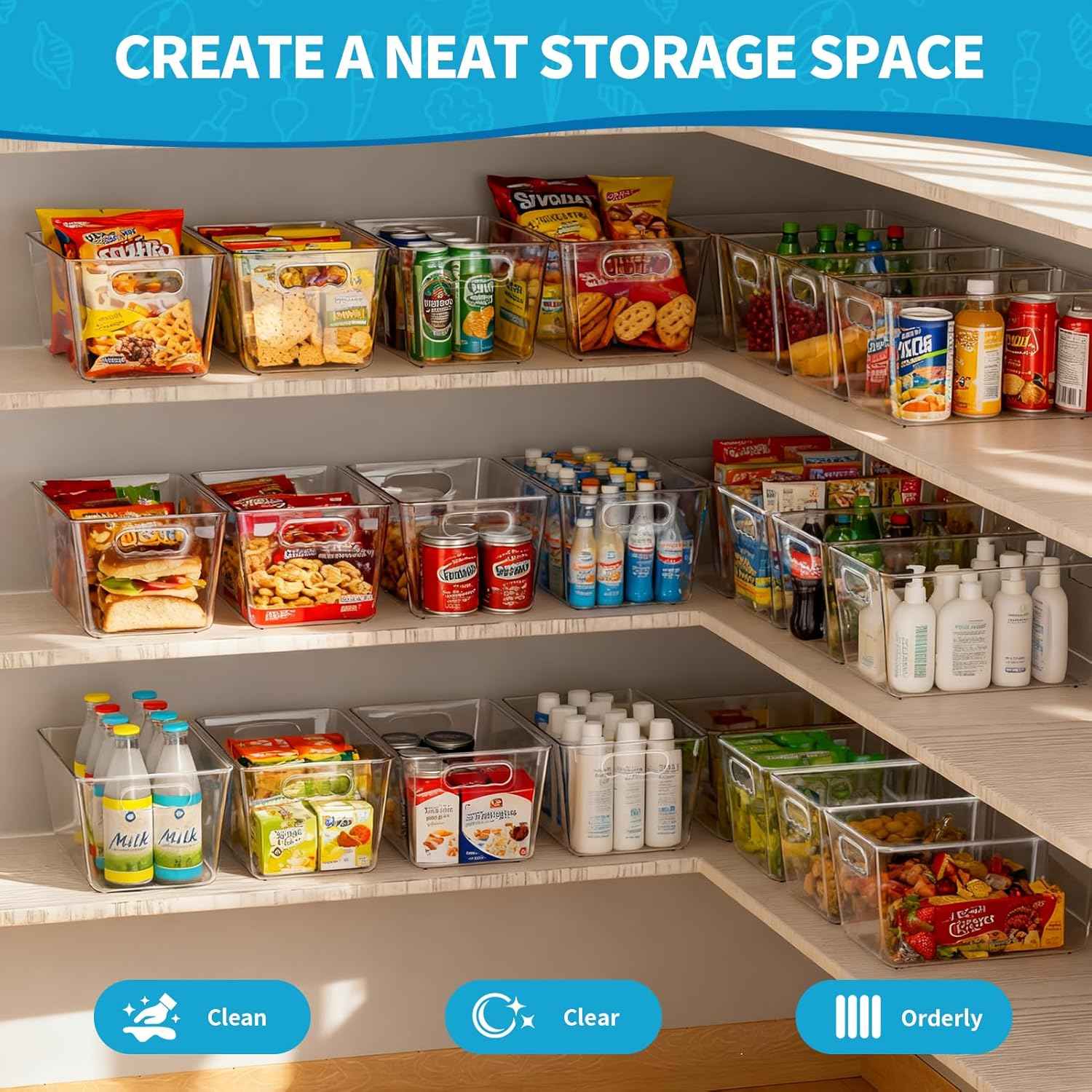 Clear Plastic Storage Bins, 4-Pack Stackable Pantry Organizers for Kitchen, Fridge, Cabinet and Closet
