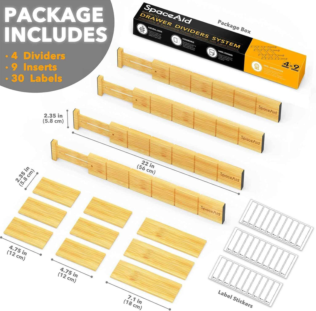 SpaceAid Bamboo Drawer Dividers with Inserts and Labels, Expandable Organization for Home, Office, Dressers, 4 Dividers