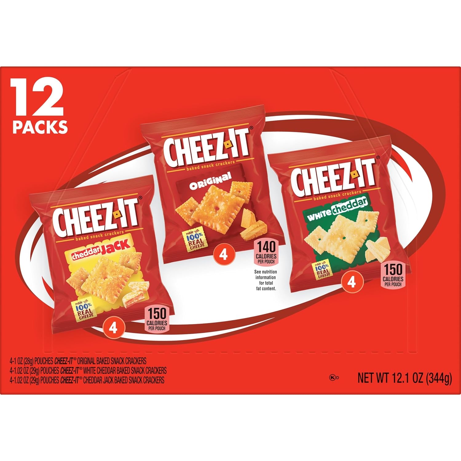 cheez-it variety pack, 12.1oz box, 12 packs, original, white cheddar, cheddar jack flavors