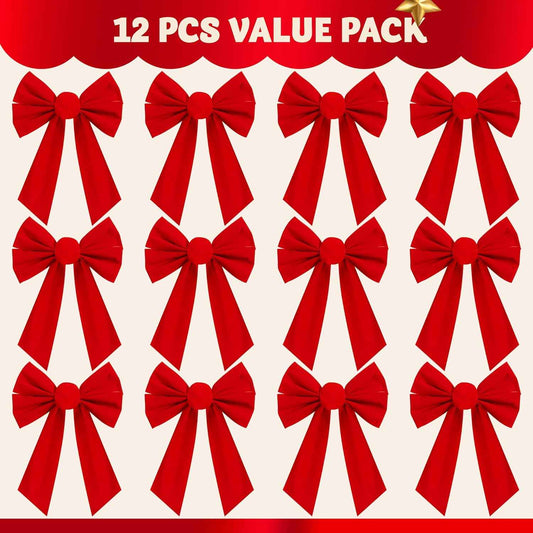 JOYIN 12 Pack Christmas Red Velvet Bows, 13" Long by 9" Wide Decorative Christmas Bows for Wreath Garland Tree Decor, Indoor Outdoor Holiday Decorations