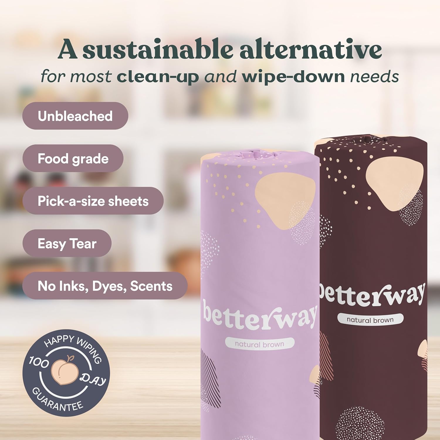 Betterway Bamboo Natural Brown Paper Towels - 8 Rolls, 2 Ply, 110 sheets - Plastic Free, PFAS Free, Disposable Kitchen Paper Towels - Select Size, Tree Free, Compostable, Strong & Absorbent - ShopUS