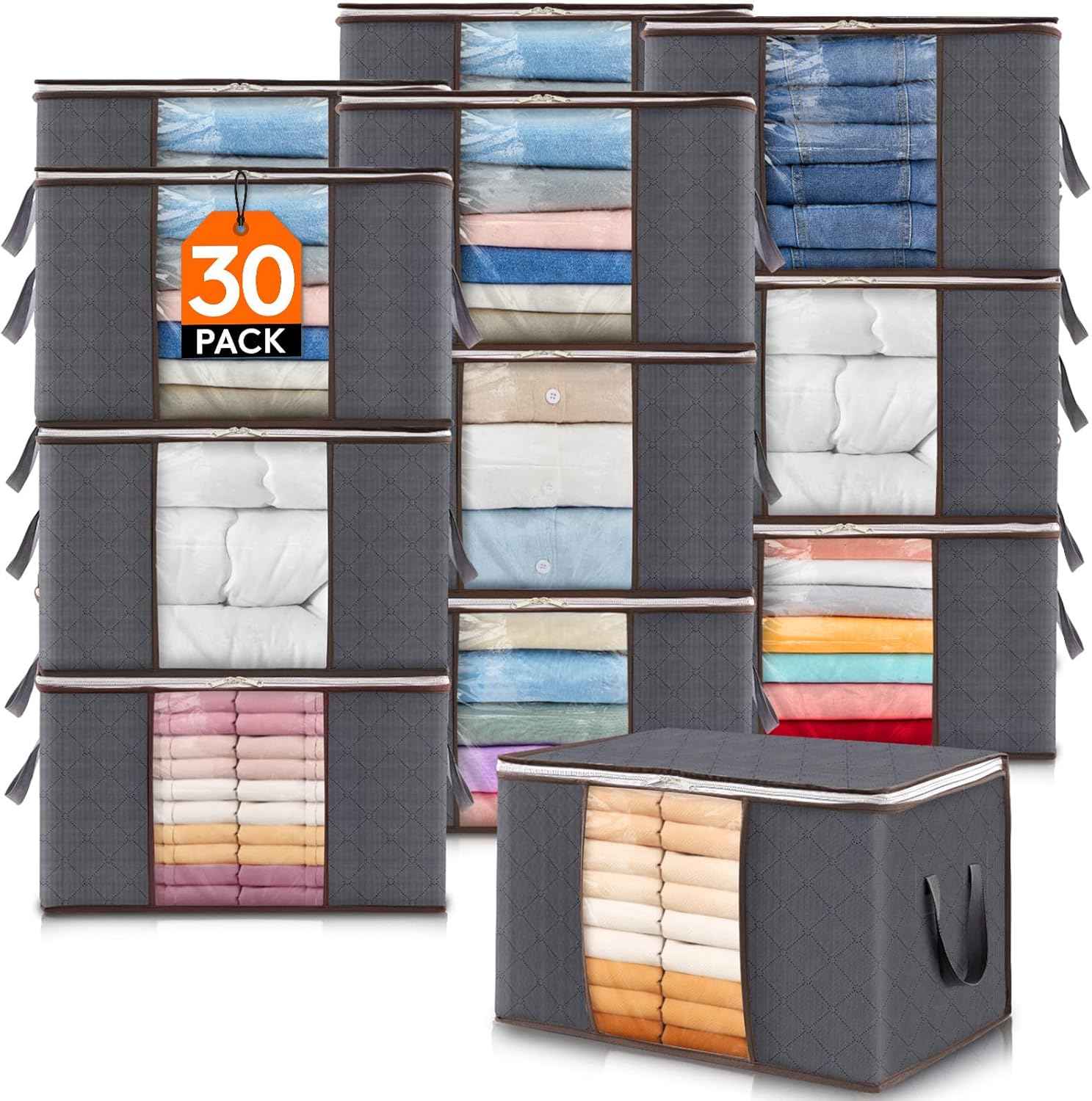 Lifewit 6 Pack Clothes Storage Bins with Lids, Foldable Blanket Storage Bags with Zippers, Clear Window and Reinforced Handles, Closet and Organization for Clothing, Sweater, Comforter, Bedding, Gray