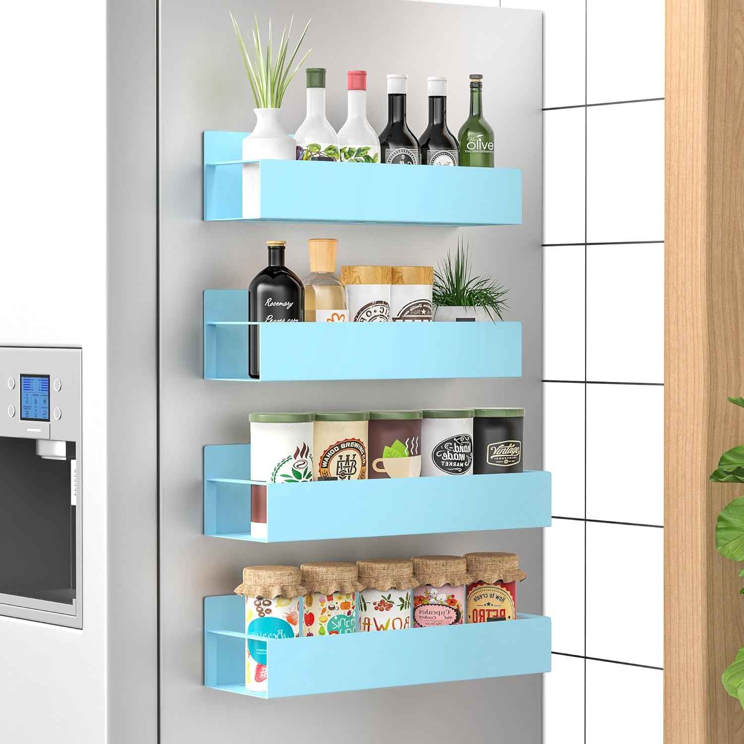 Metal 4 Pack Magnetic Spice Storage Rack Organizer for Refrigerator and Oven, Black Fridge Organizers and Storage