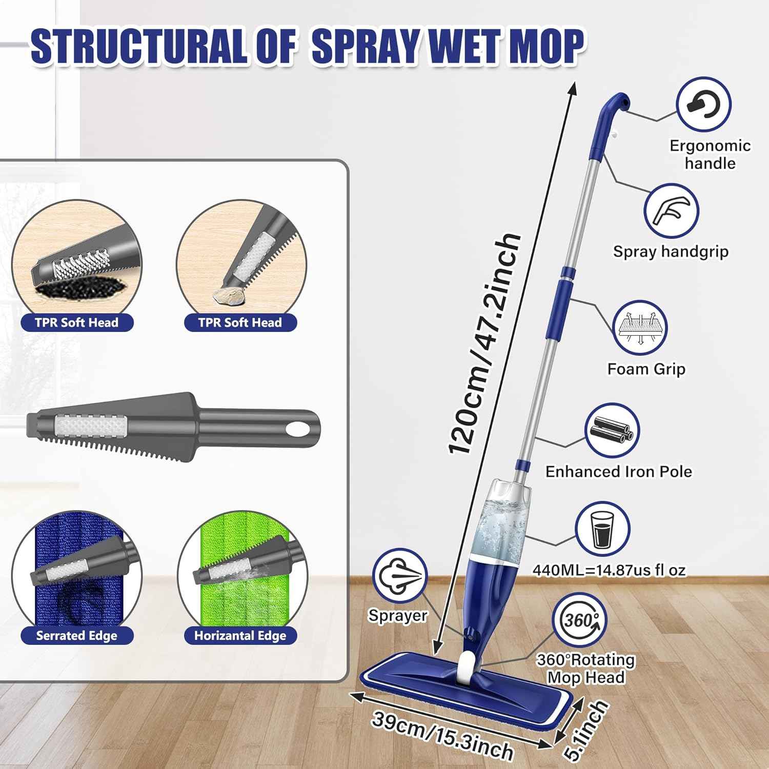Microfiber Spray Mop for Floors Cleaning: Wet Dry Hardwood Floor Mops with 3 Washable Reusable Pads for Swiffer Powermop - Flat Mop with Sprayer for Tile Wood Laminate Vinyl Marble